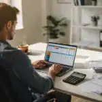 בעל עסק עובד על ניהול פיננסי עם מחשב ומסמכים